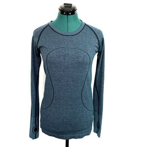 LULULEMON Swiftly Tech Crewneck Top Teal Blue‎ Black Long Sleeve Sweat-Wicking 4